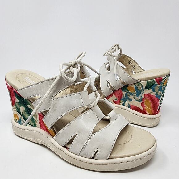 Born Shoes - Born Wedge Sandals Women 7M Piru Tropical Floral Heel Bone White Leather F20101